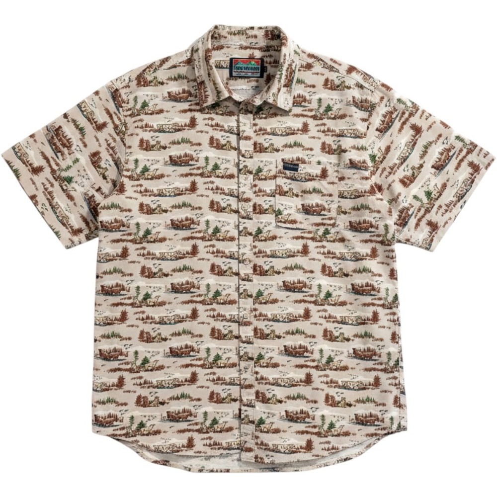 Burlebo Performance Button Down Men XL Beige Dog Hunting Print Gorpcore Outdoors